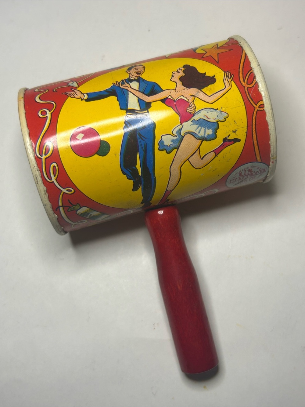 Vintage U.S. Metal Toys Party Tin Litho Wood Handle Circus Noisemaker‎ Party NYE